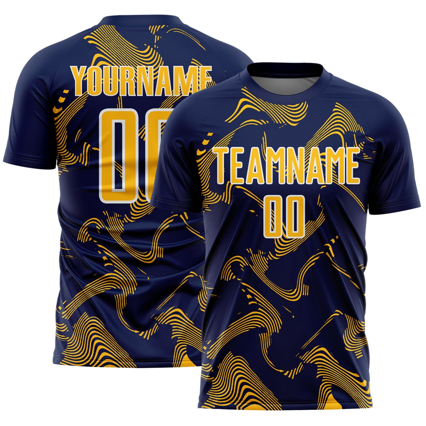 Custom Navy Gold-White Curve Lines Sports Sublimation Soccer Uniform Jersey