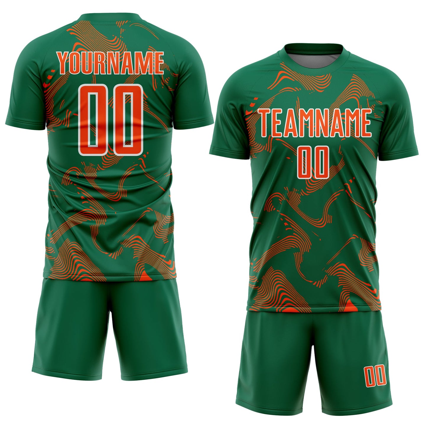Custom Kelly Green Orange-White Curve Lines Sports Sublimation Soccer Uniform Jersey Limited