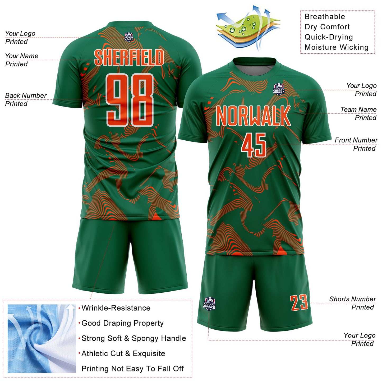 Custom Kelly Green Orange-White Curve Lines Sports Sublimation Soccer Uniform Jersey Limited