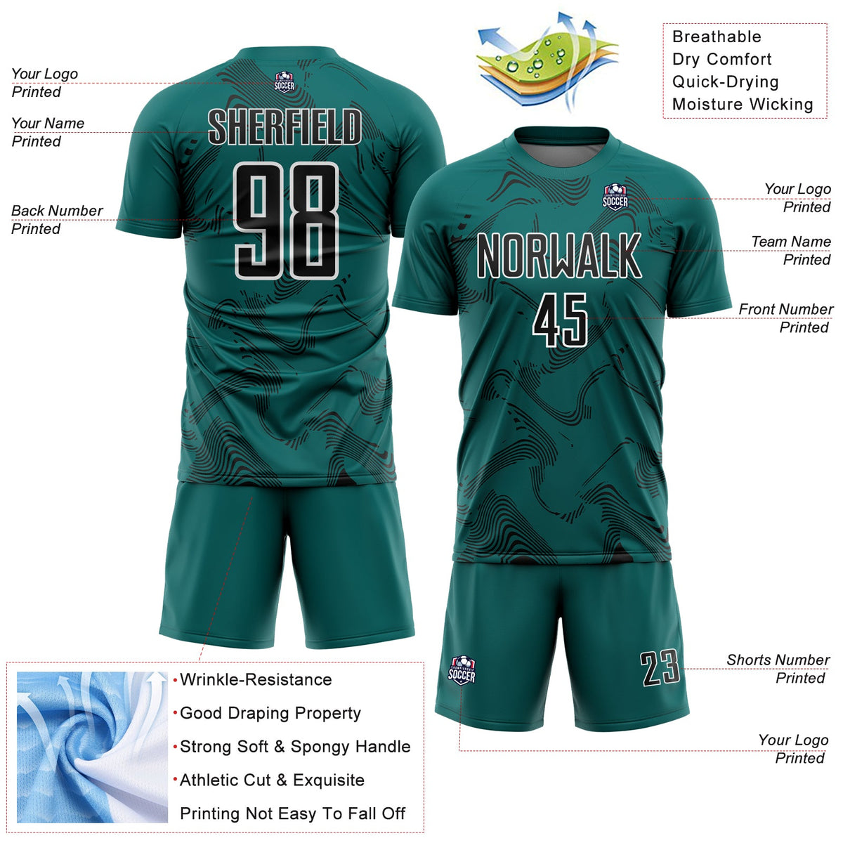 Custom Teal Black-White Curve Lines Sports Sublimation Soccer Uniform Jersey Limited