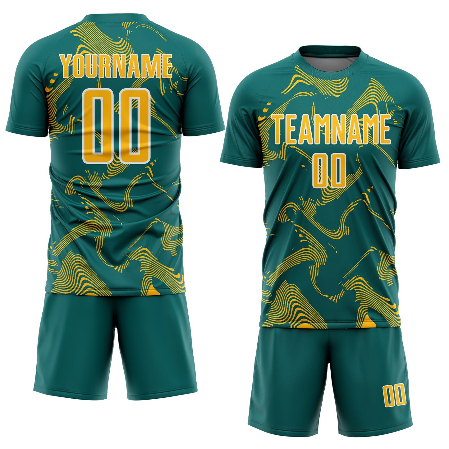 Custom Teal Gold-White Curve Lines Sports Sublimation Soccer Uniform Jersey Limited