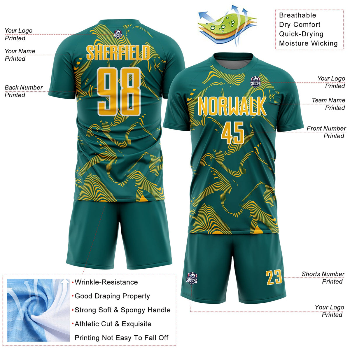 Custom Teal Gold-White Curve Lines Sports Sublimation Soccer Uniform Jersey Limited