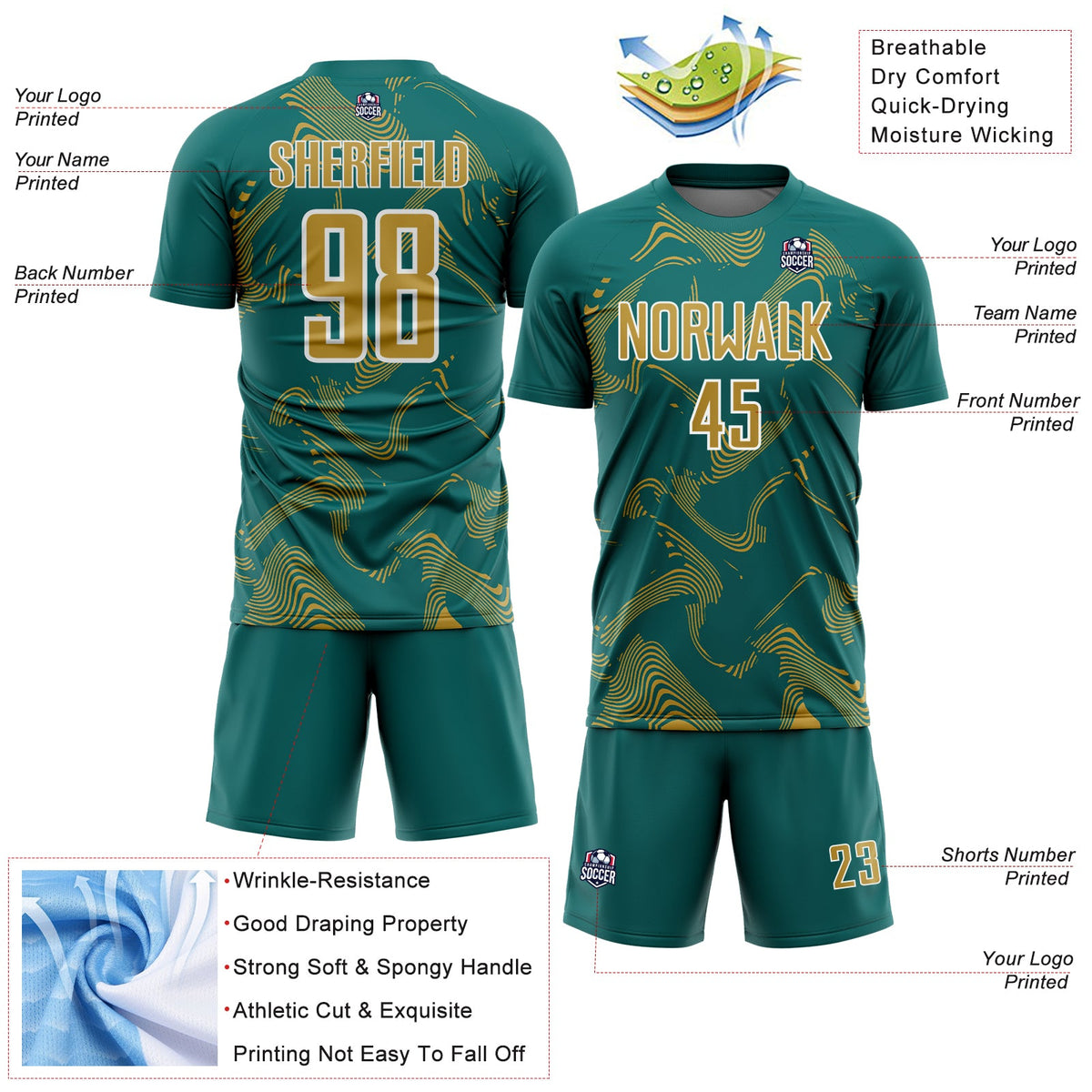 Custom Teal Old Gold-White Curve Lines Sports Sublimation Soccer Uniform Jersey Limited