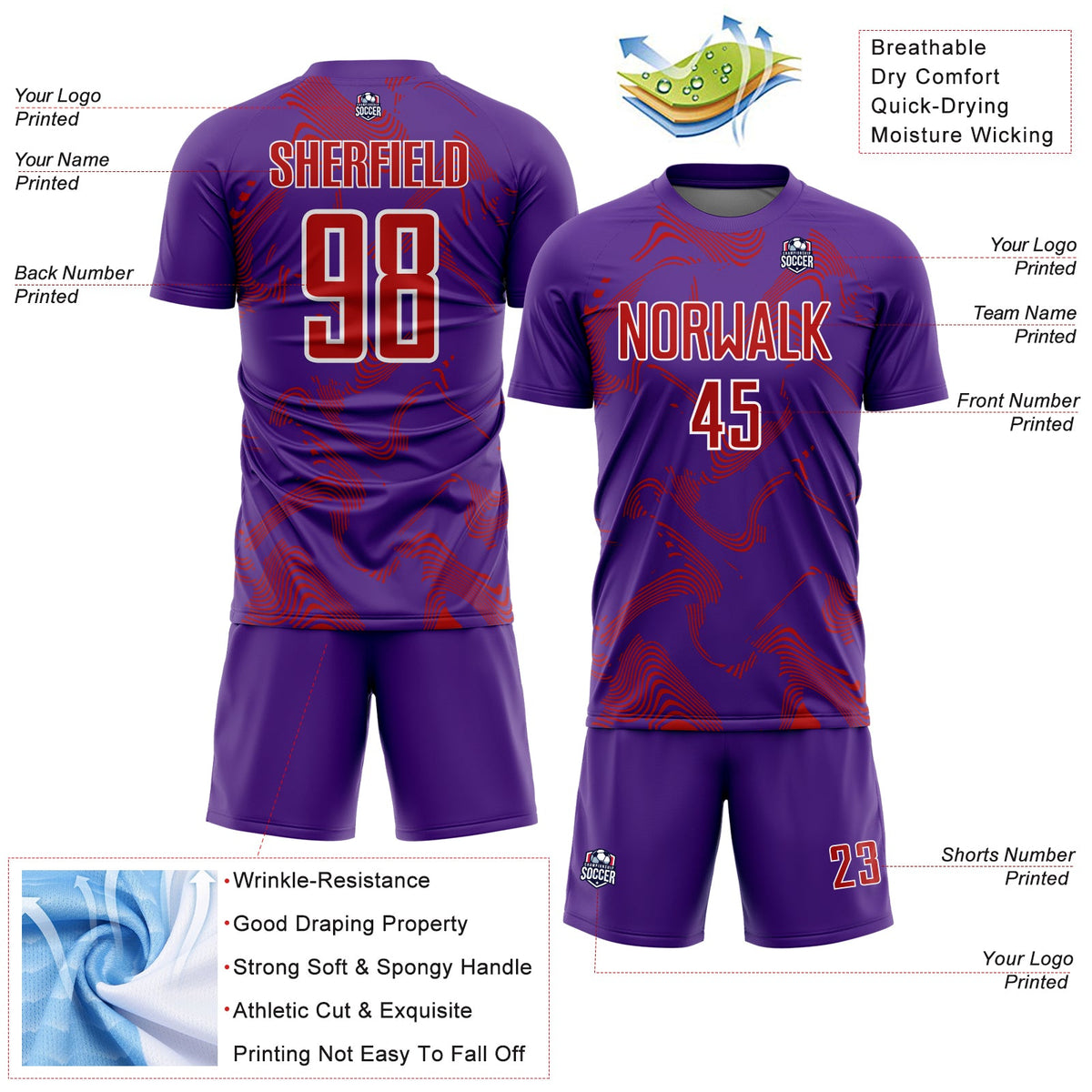 Custom Purple Red-White Curve Lines Sports Sublimation Soccer Uniform Jersey Limited