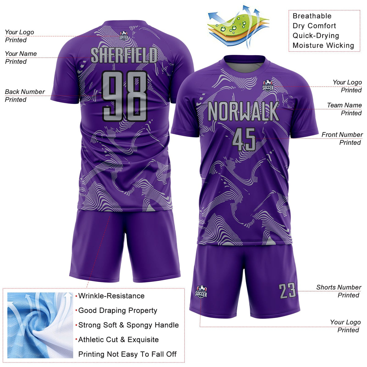 Custom Purple Gray-Black Curve Lines Sports Sublimation Soccer Uniform Jersey Limited