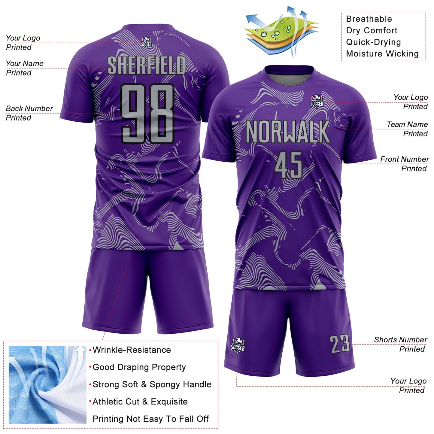 Custom Purple Gray-Black Curve Lines Sports Sublimation Soccer Uniform Jersey Limited