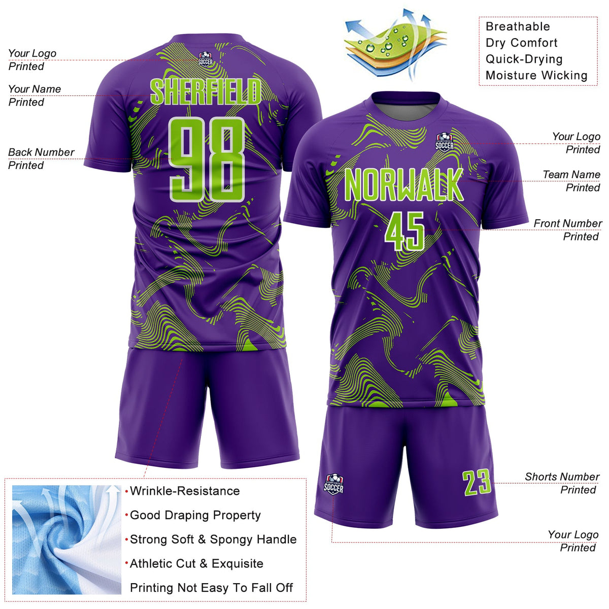 Custom Purple Neon Green-White Curve Lines Sports Sublimation Soccer Uniform Jersey Limited