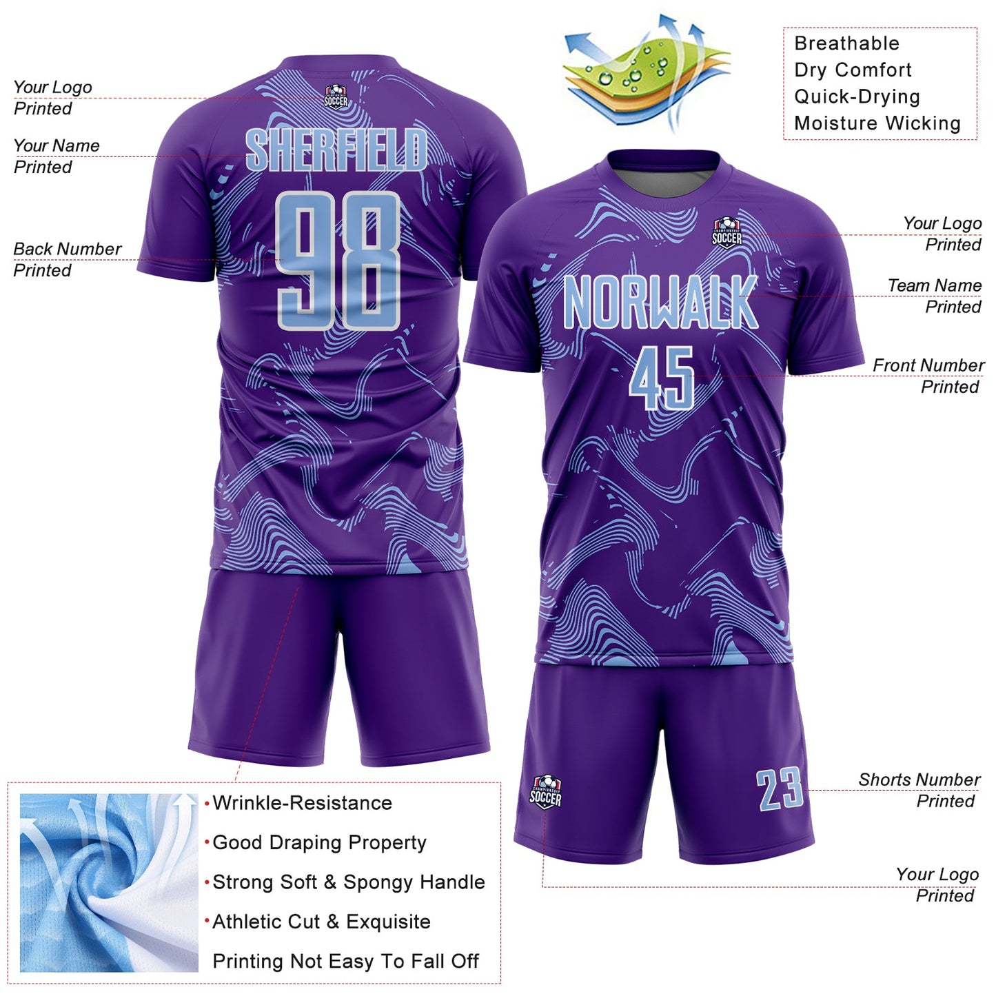 Custom Purple Light Blue-White Curve Lines Sports Sublimation Soccer Uniform Jersey Limited