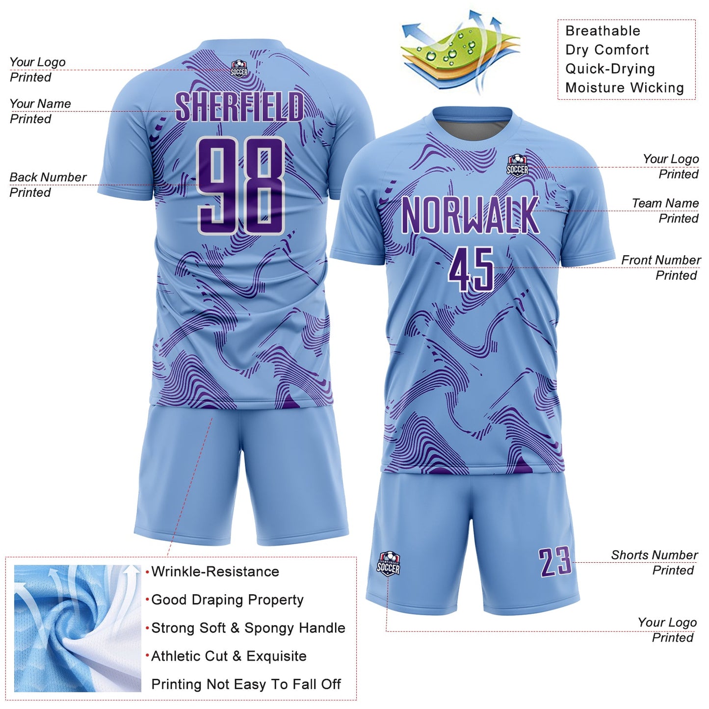 Custom Light Blue Purple-White Curve Lines Sports Sublimation Soccer Uniform Jersey Limited