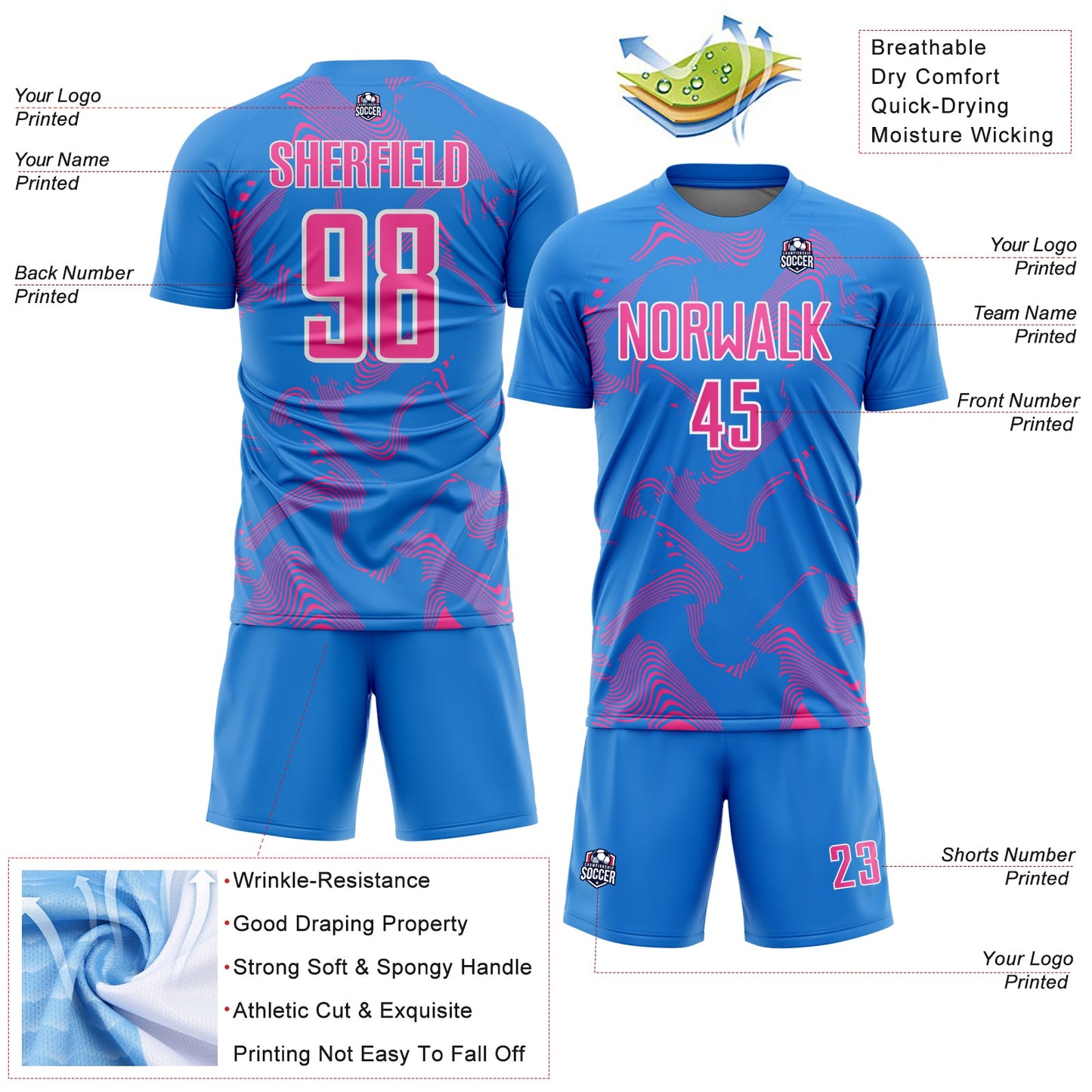 Custom Powder Blue Pink-White Curve Lines Sports Sublimation Soccer Uniform Jersey Limited