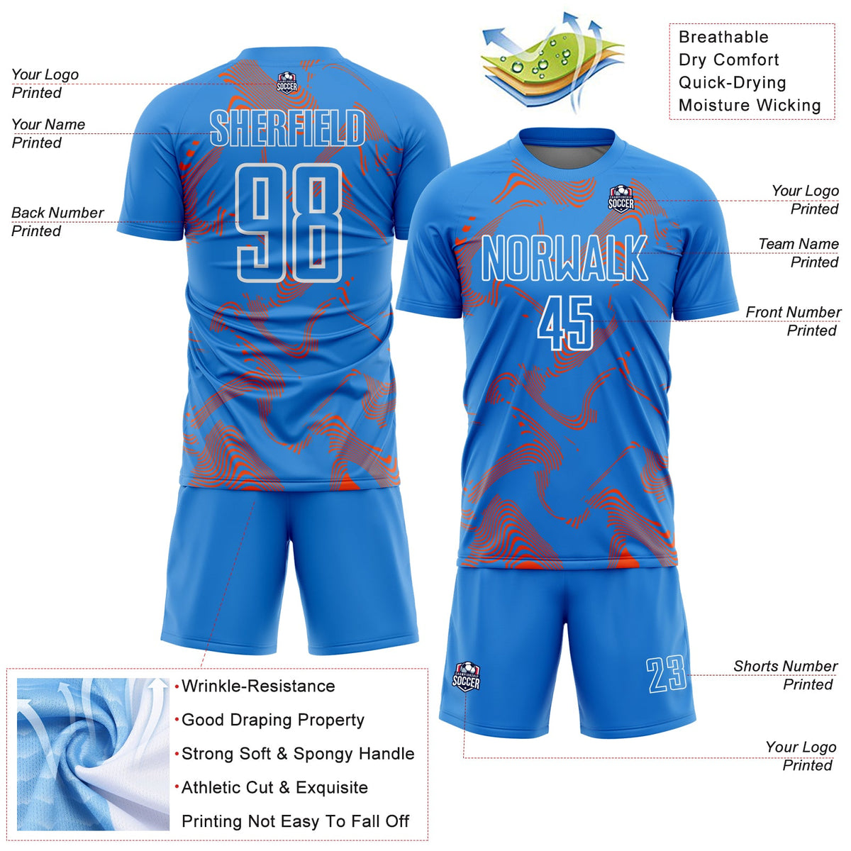 Custom Powder Blue Orange-White Curve Lines Sports Sublimation Soccer Uniform Jersey Limited
