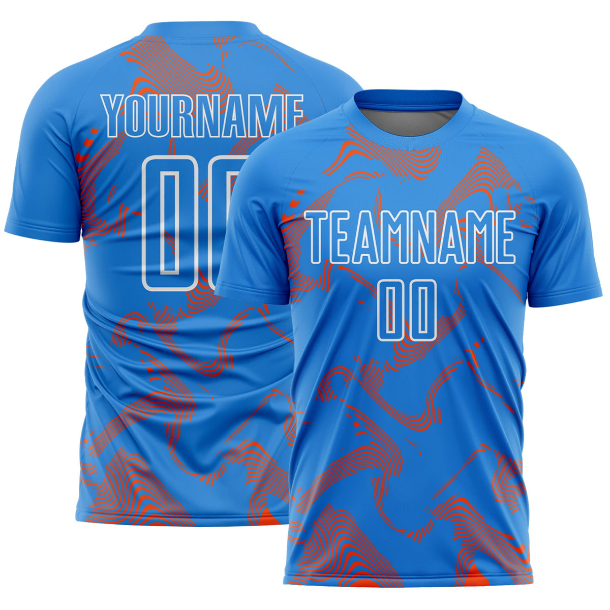 Custom Powder Blue Orange-White Curve Lines Sports Sublimation Soccer Uniform Jersey