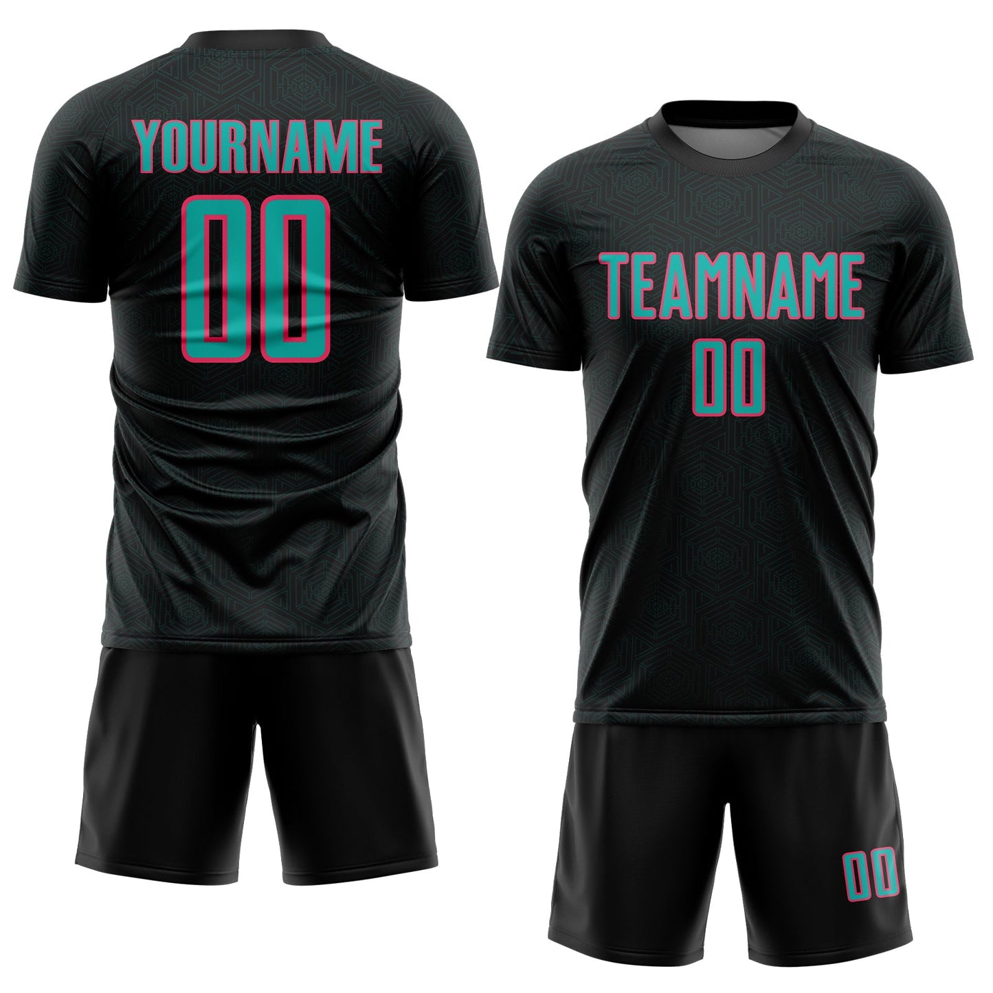Custom Black Aqua-Neon Pink Geometric Shape Sports Sublimation Soccer Uniform Jersey Limited