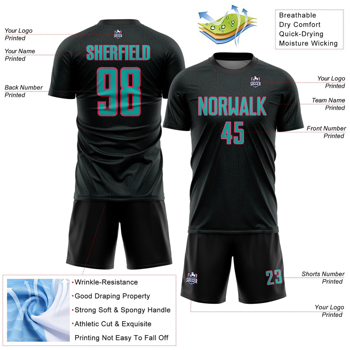 Custom Black Aqua-Neon Pink Geometric Shape Sports Sublimation Soccer Uniform Jersey Limited