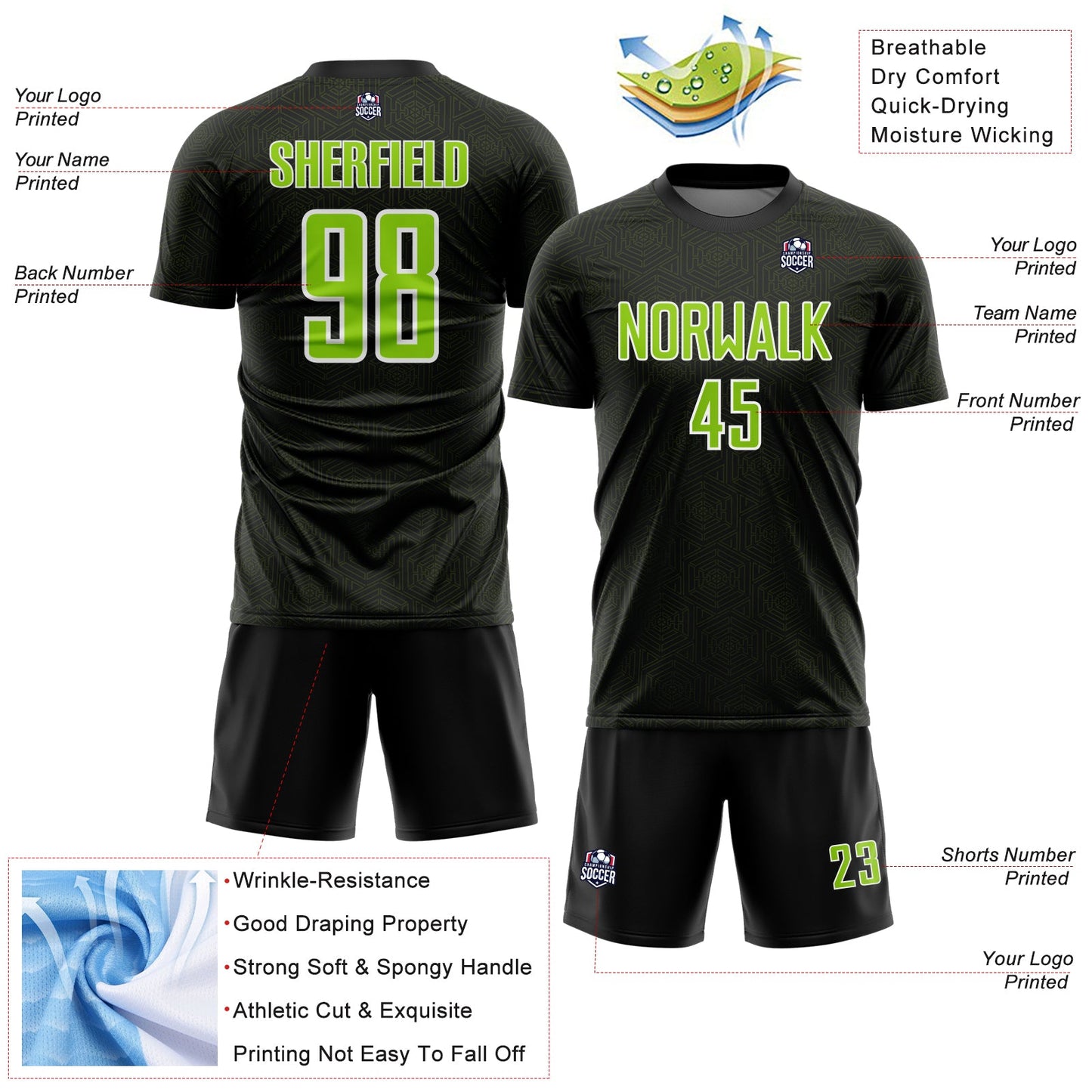 Custom Black Neon Green-White Geometric Shape Sports Sublimation Soccer Uniform Jersey Limited