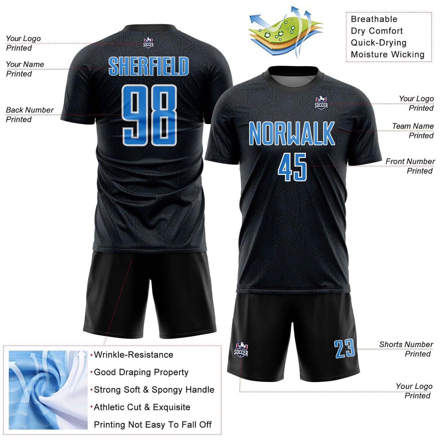 Custom Black Powder Blue-White Geometric Shape Sports Sublimation Soccer Uniform Jersey Limited