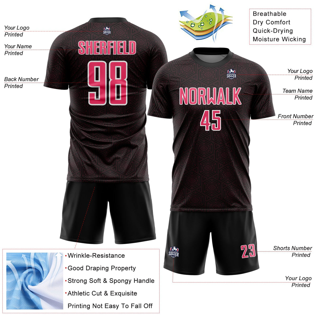 Custom Black Neon Pink-White Geometric Shape Sports Sublimation Soccer Uniform Jersey Limited