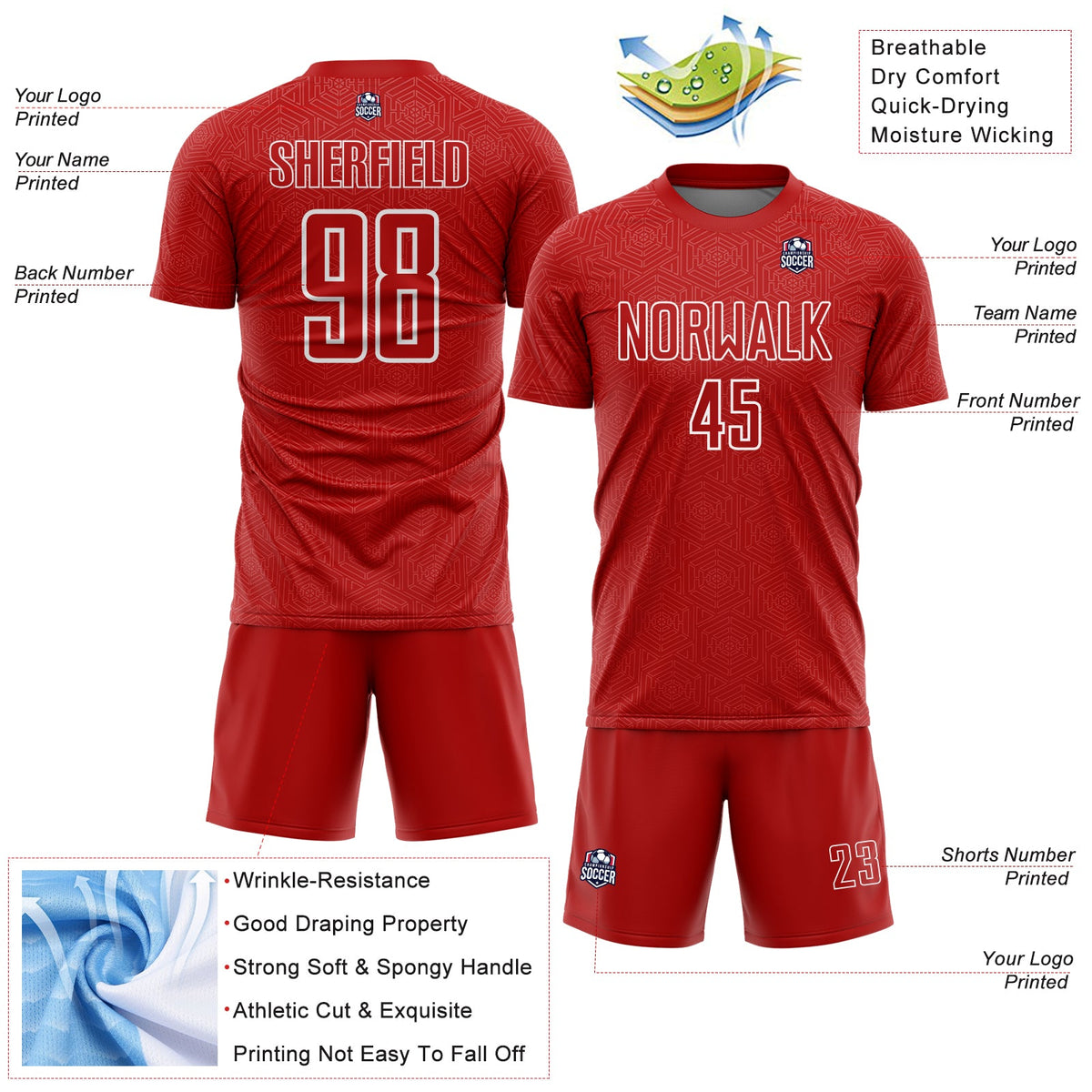 Custom Red White Geometric Shape Sports Sublimation Soccer Uniform Jersey Limited