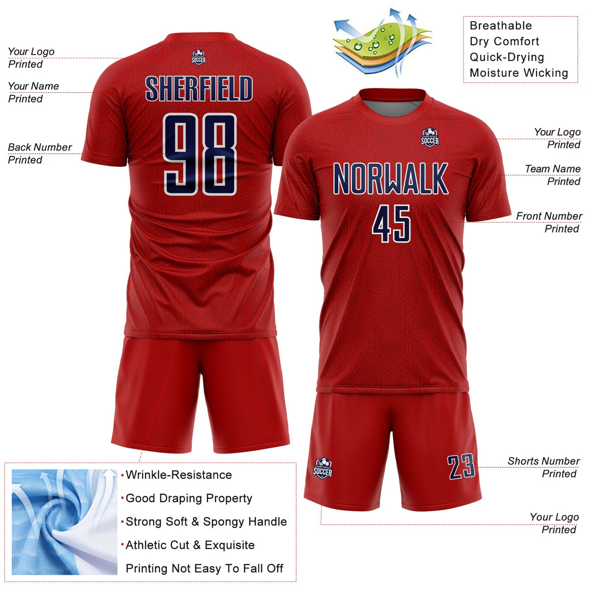 Custom Red Navy-White Geometric Shape Sports Sublimation Soccer Uniform Jersey Limited