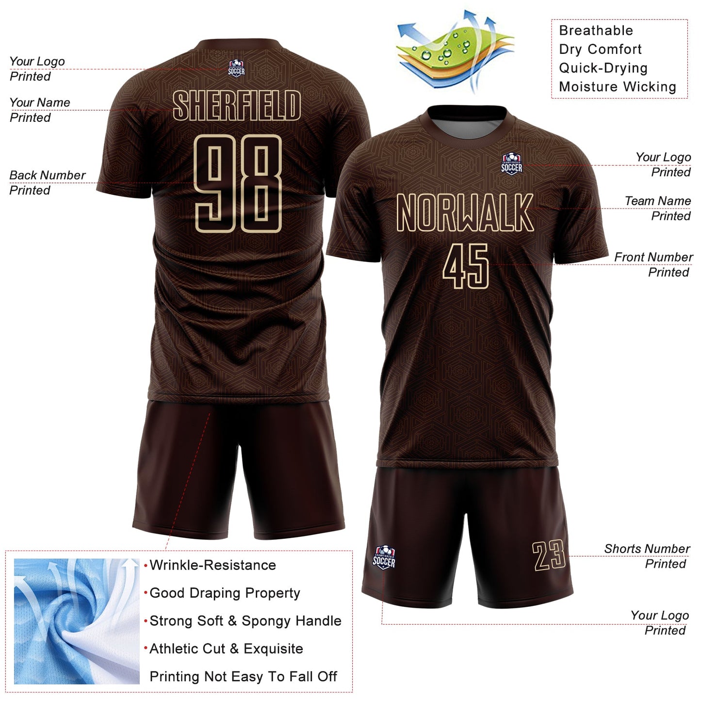 Custom Brown Cream Geometric Shape Sports Sublimation Soccer Uniform Jersey Limited