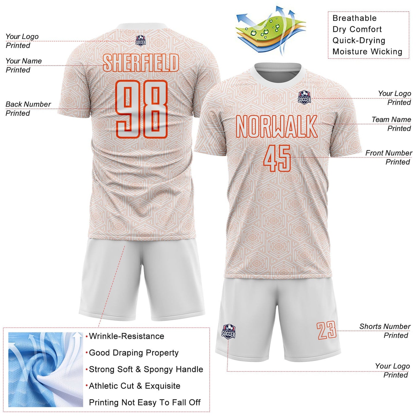 Custom White Orange Geometric Shape Sports Sublimation Soccer Uniform Jersey Limited