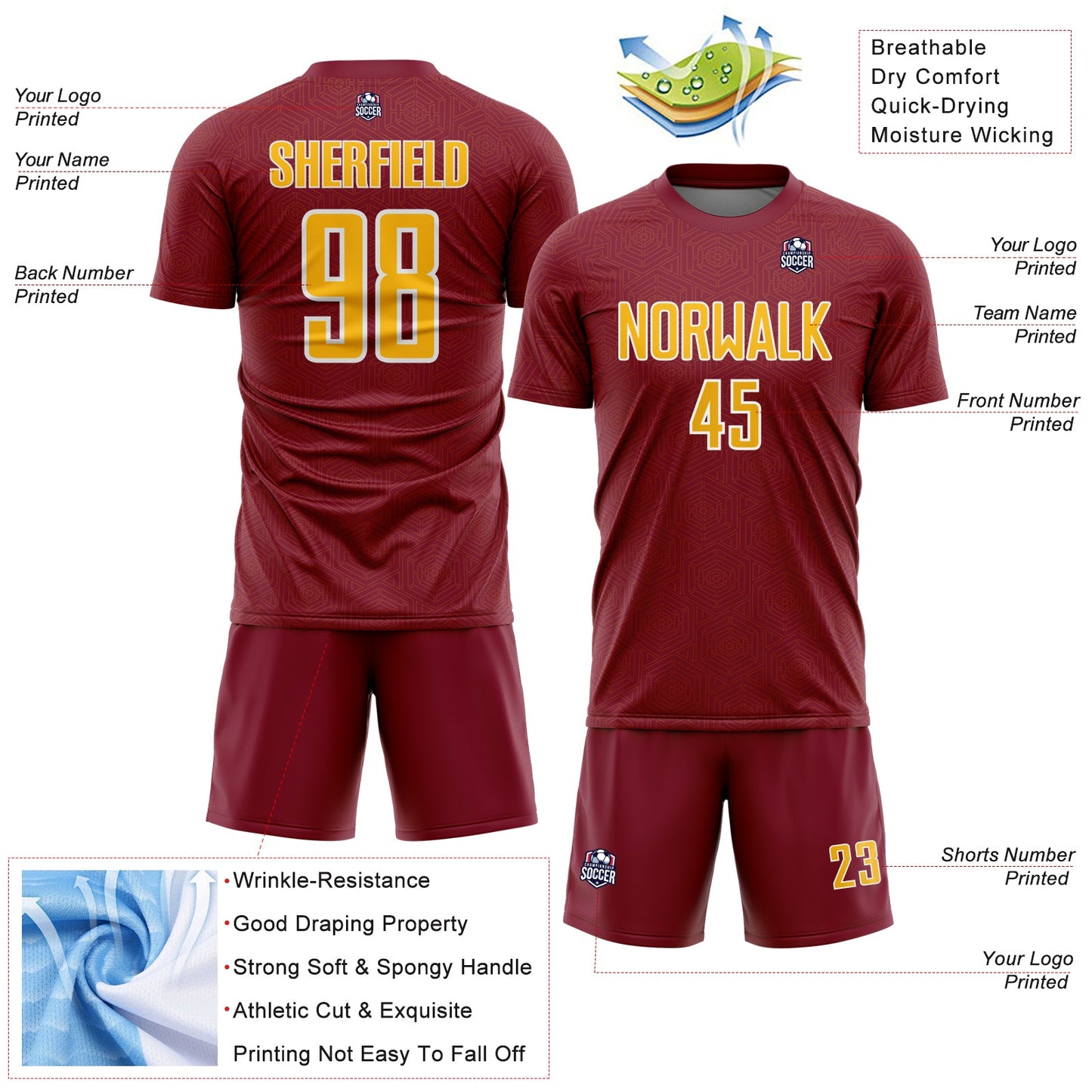 Custom Crimson Gold-White Geometric Shape Sports Sublimation Soccer Uniform Jersey Limited