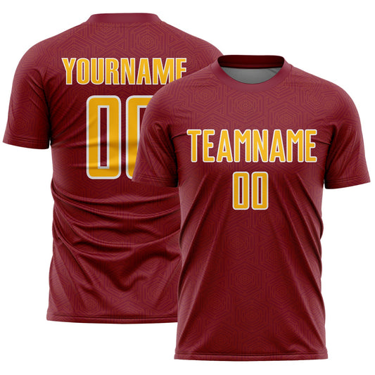 Custom Crimson Gold-White Geometric Shape Sports Sublimation Soccer Uniform Jersey
