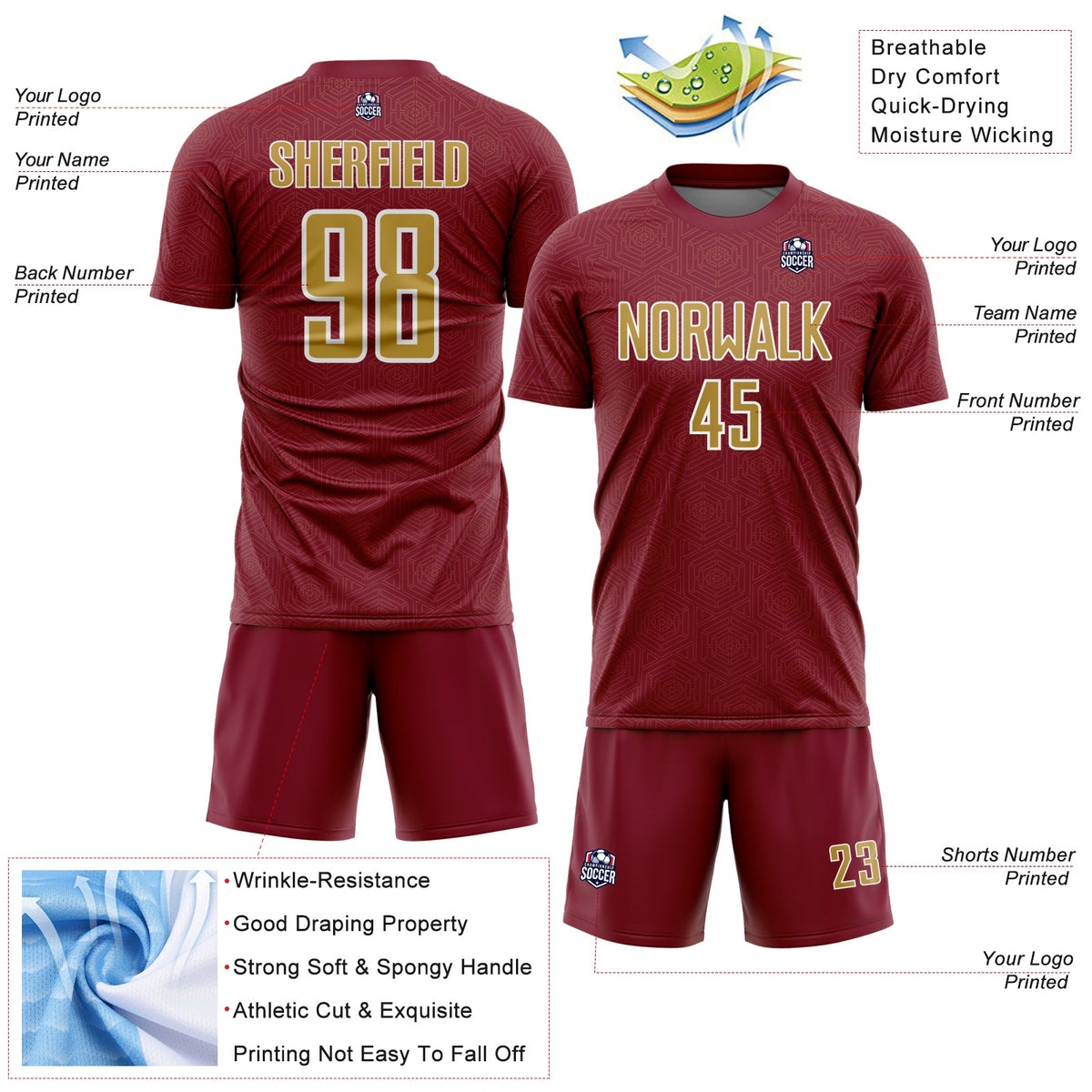 Custom Crimson Old Gold-White Geometric Shape Sports Sublimation Soccer Uniform Jersey Limited