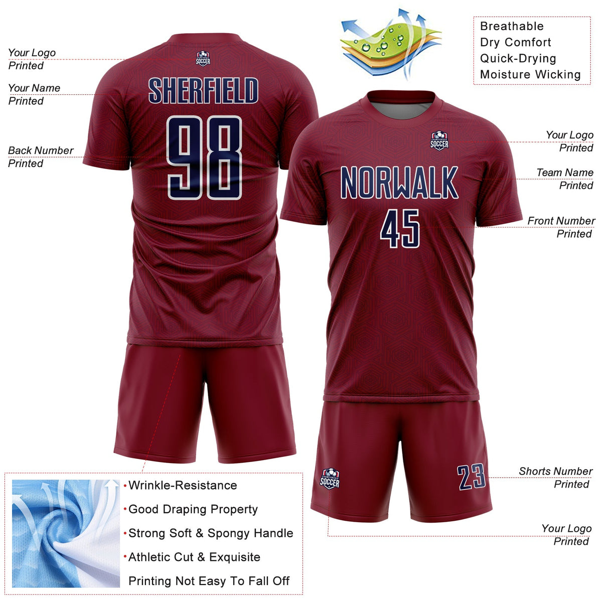 Custom Crimson Navy-White Geometric Shape Sports Sublimation Soccer Uniform Jersey Limited