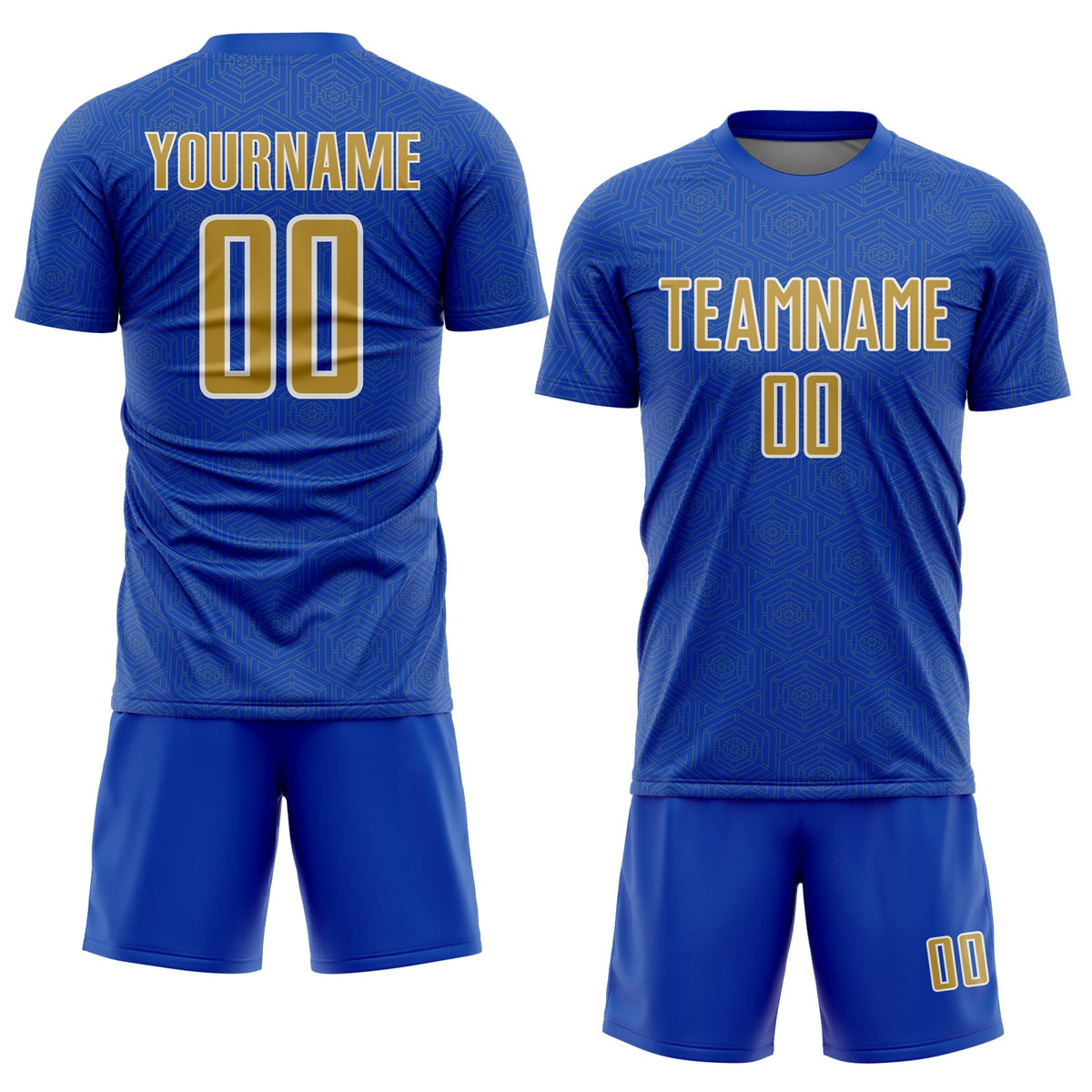 Custom Thunder Blue Old Gold-White Geometric Shape Sports Sublimation Soccer Uniform Jersey Limited