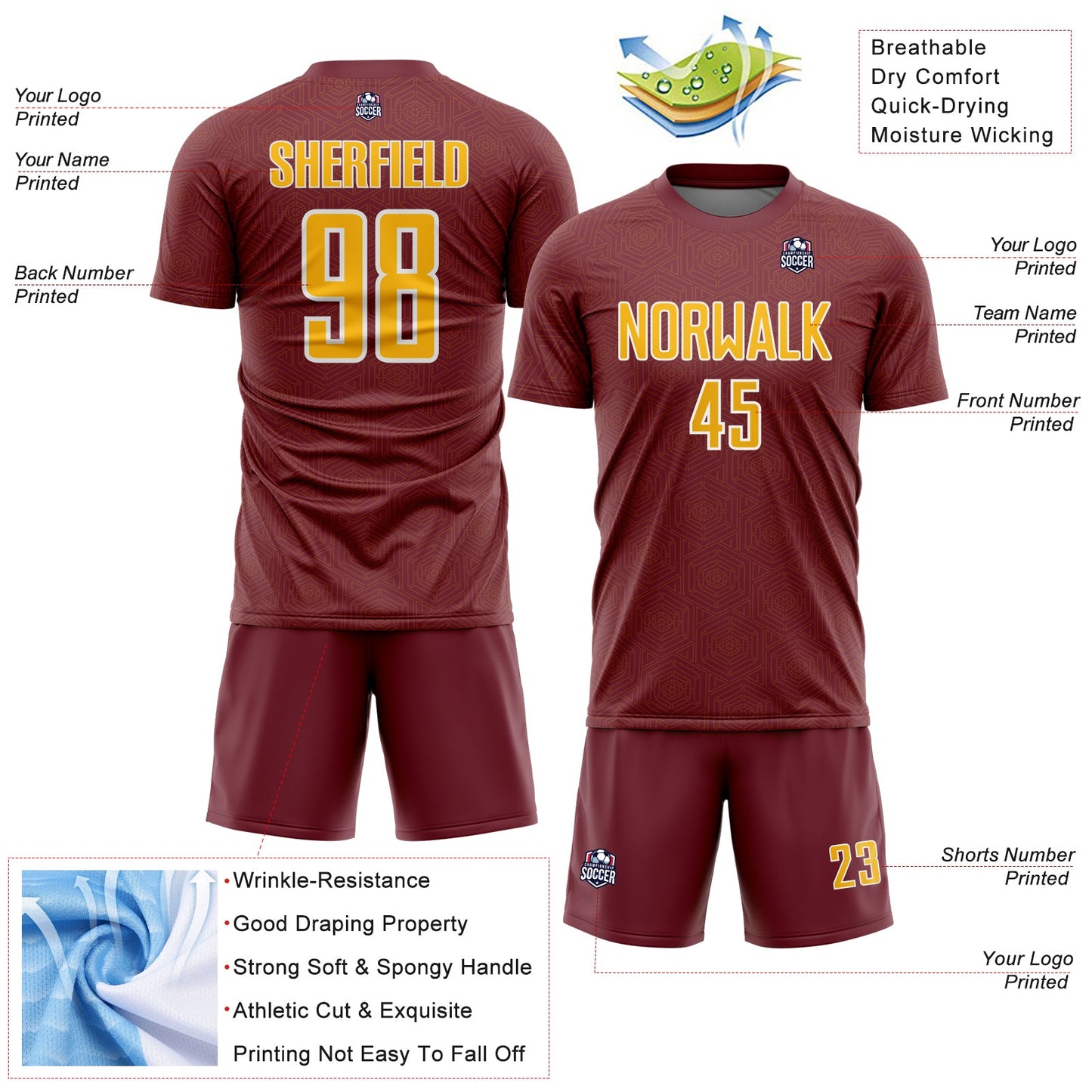 Custom Burgundy Gold-White Geometric Shape Sports Sublimation Soccer Uniform Jersey Limited