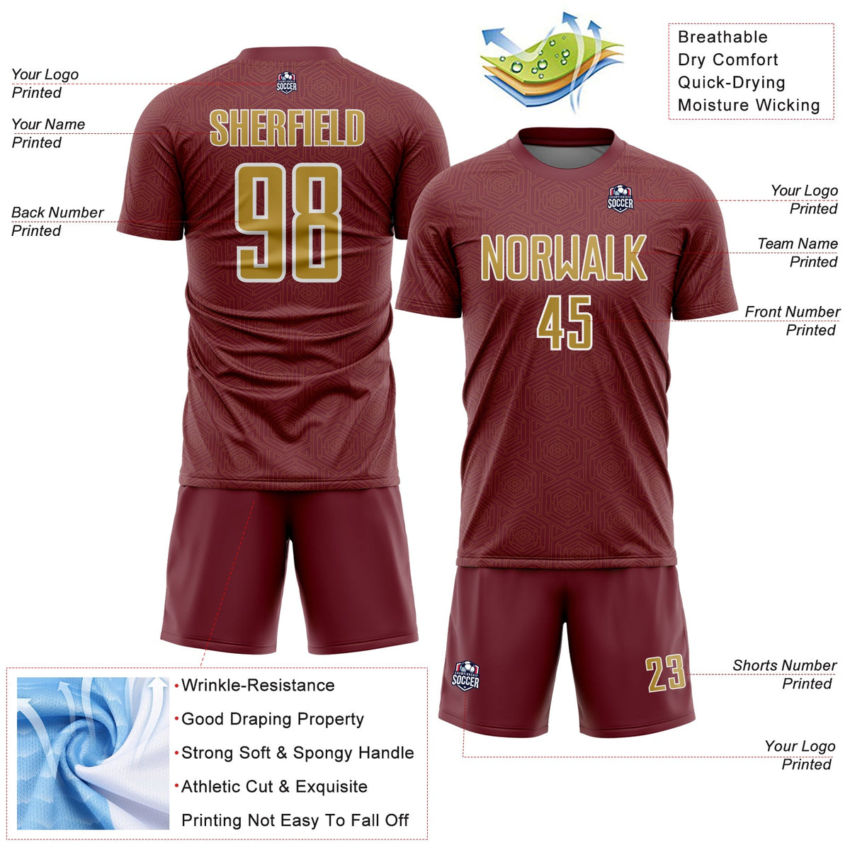 Custom Burgundy Old Gold-White Geometric Shape Sports Sublimation Soccer Uniform Jersey Limited