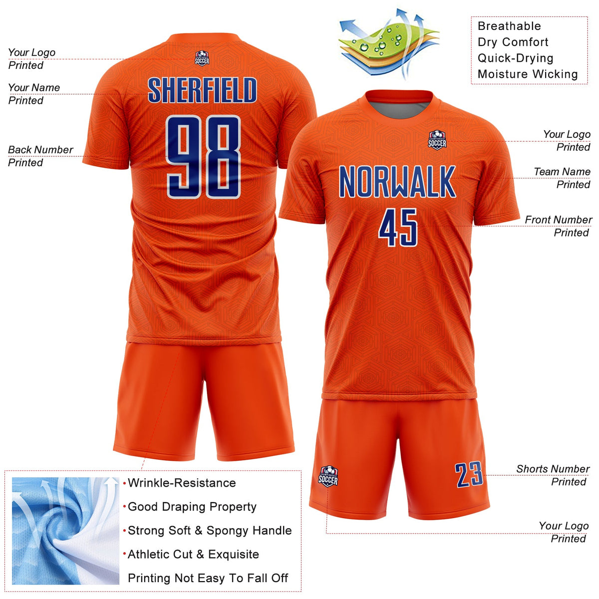 Custom Orange Royal-White Geometric Shape Sports Sublimation Soccer Uniform Jersey Limited
