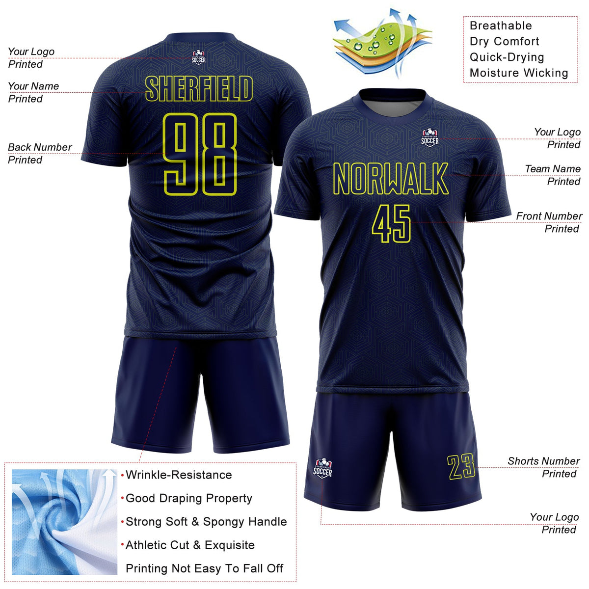 Custom Navy Neon Yellow Geometric Shape Sports Sublimation Soccer Uniform Jersey Limited