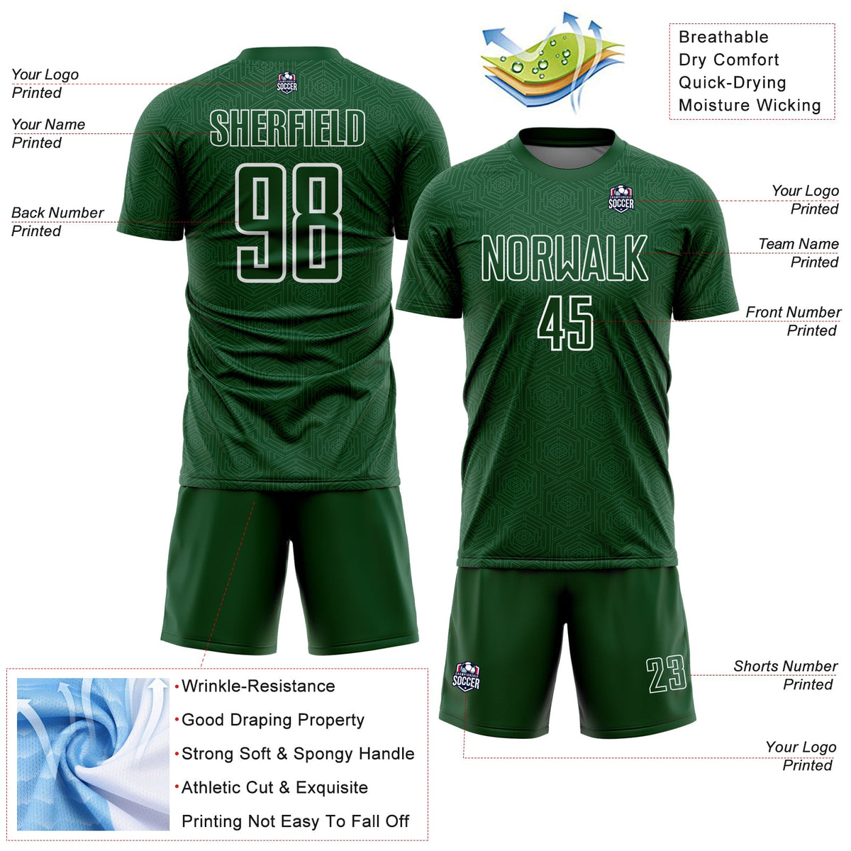 Custom Green White Geometric Shape Sports Sublimation Soccer Uniform Jersey Limited