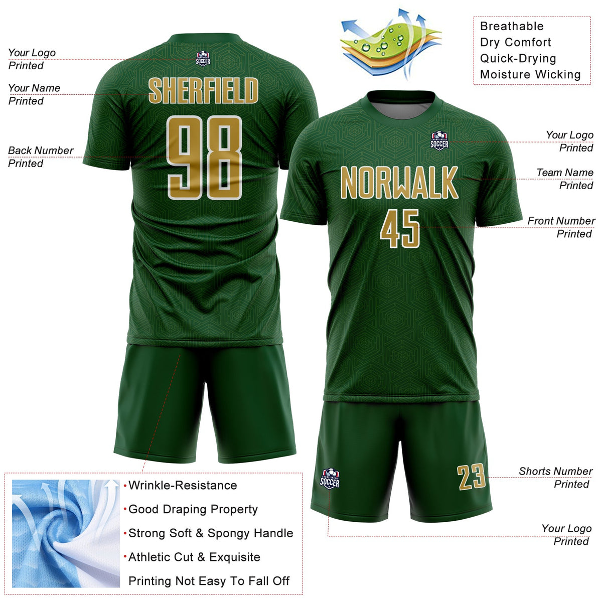 Custom Green Old Gold-White Geometric Shape Sports Sublimation Soccer Uniform Jersey Limited