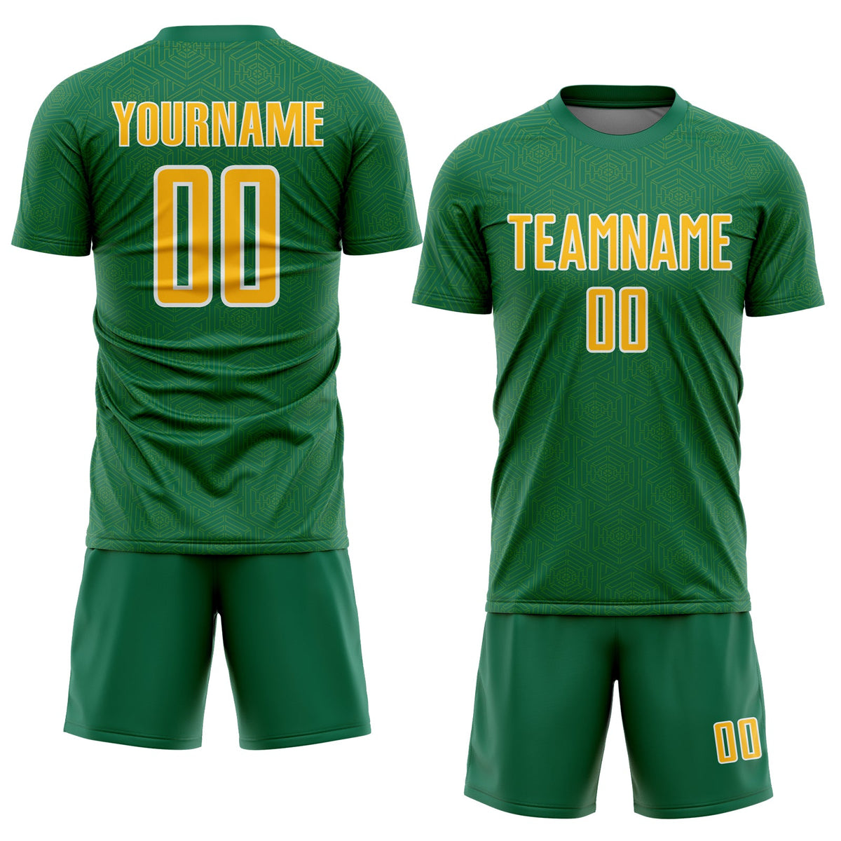 Custom Kelly Green Gold-White Geometric Shape Sports Sublimation Soccer Uniform Jersey Limited