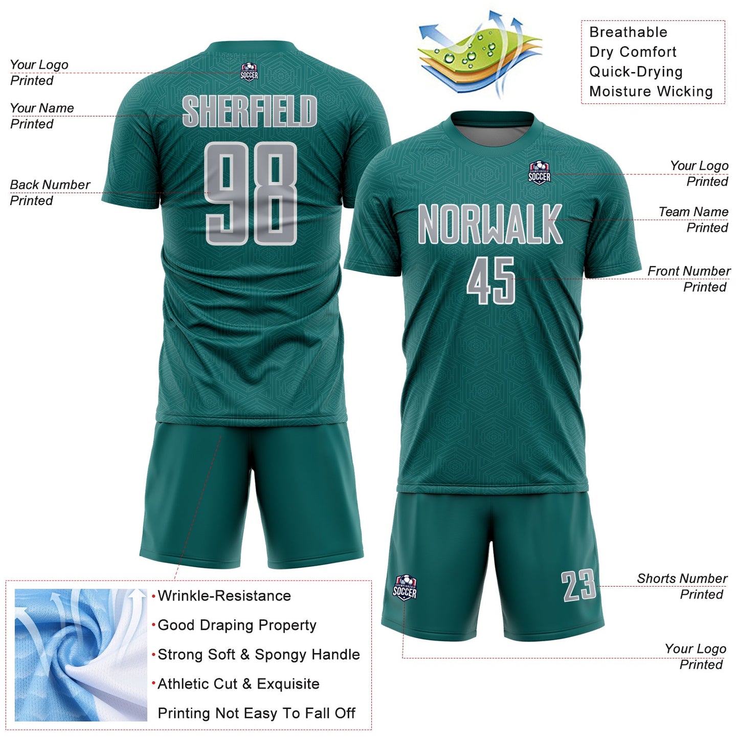 Custom Teal Gray-White Geometric Shape Sports Sublimation Soccer Uniform Jersey Limited