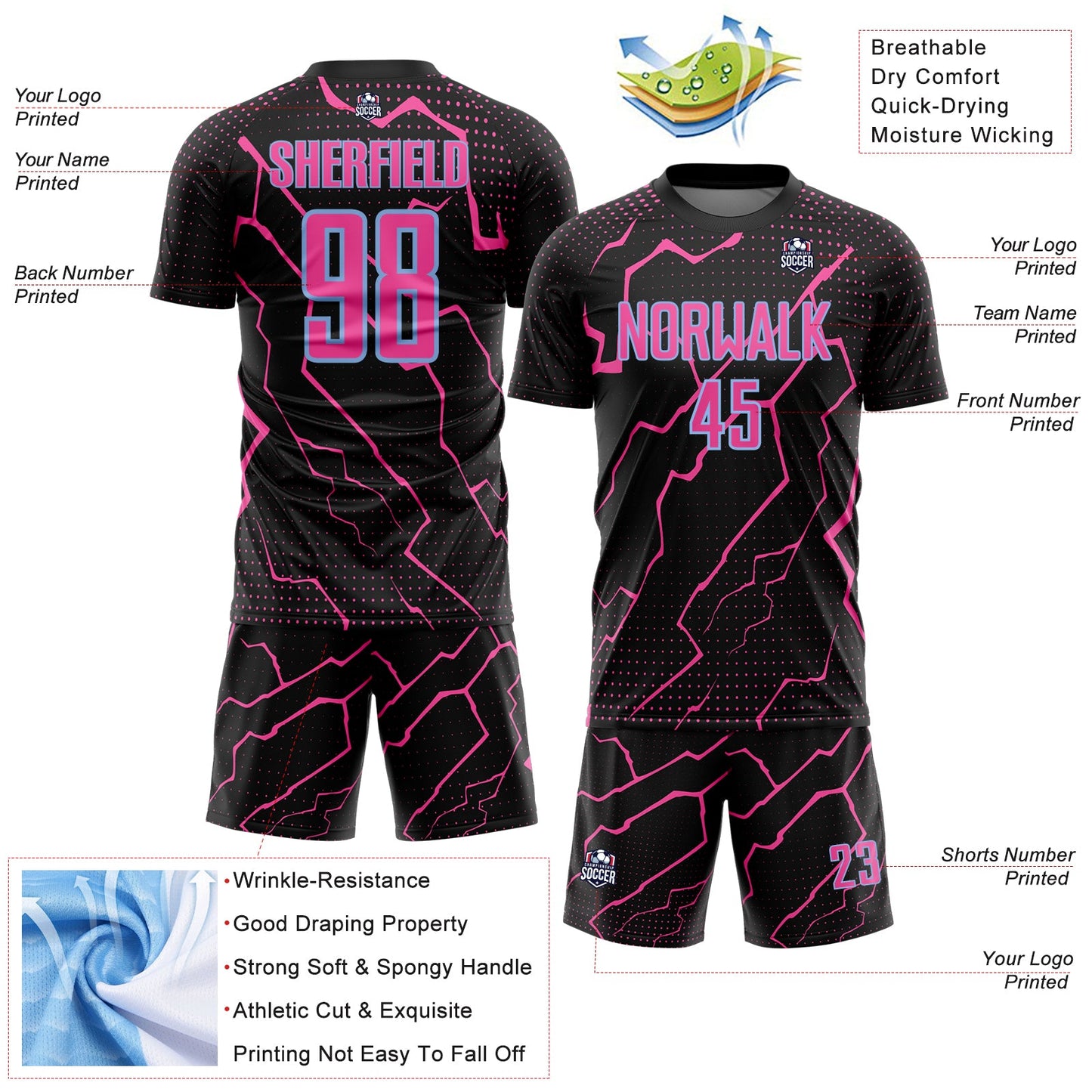 Custom Black Pink-Light Blue Lightning Sports Sublimation Soccer Uniform Jersey Limited
