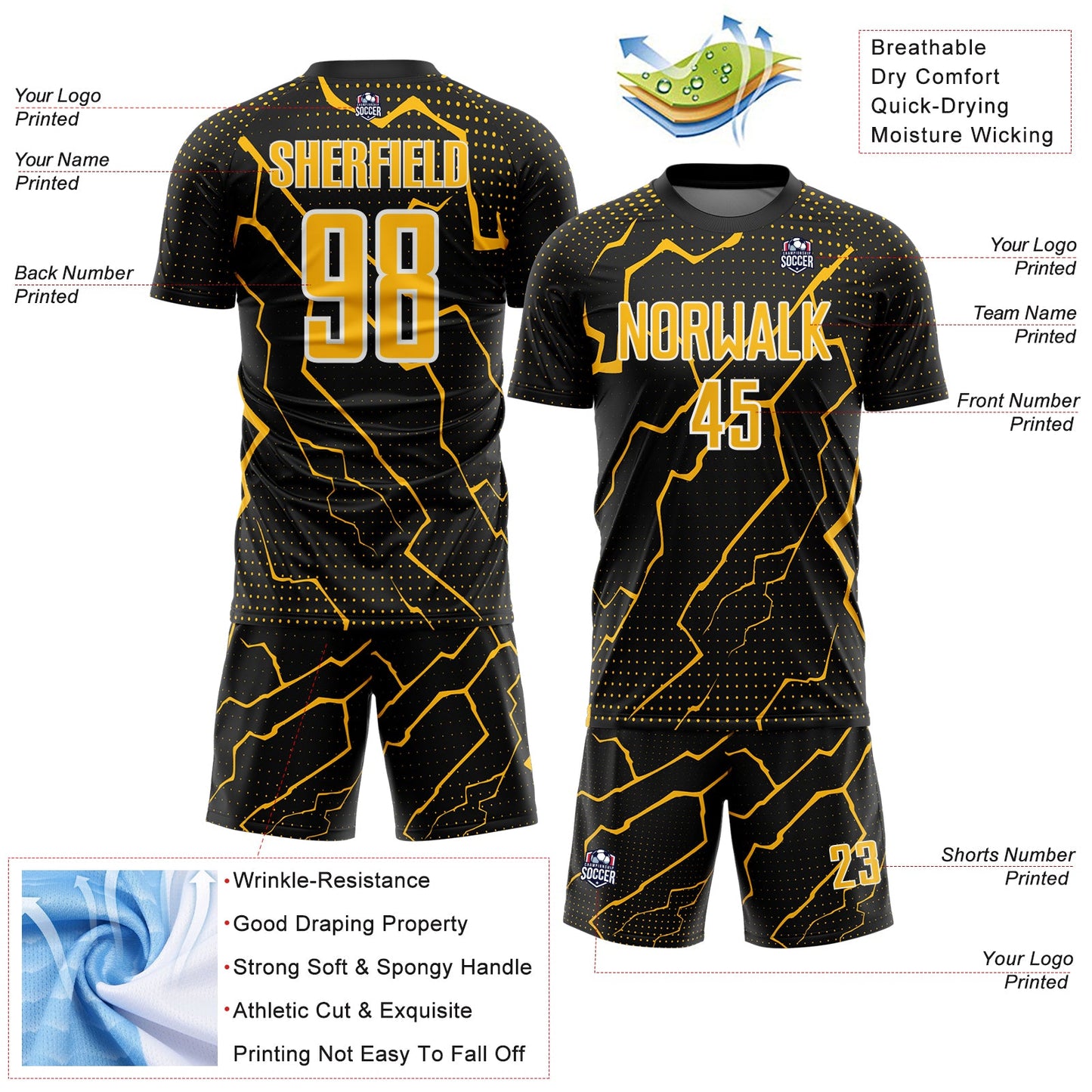 Custom Black Gold-White Lightning Sports Sublimation Soccer Uniform Jersey Limited