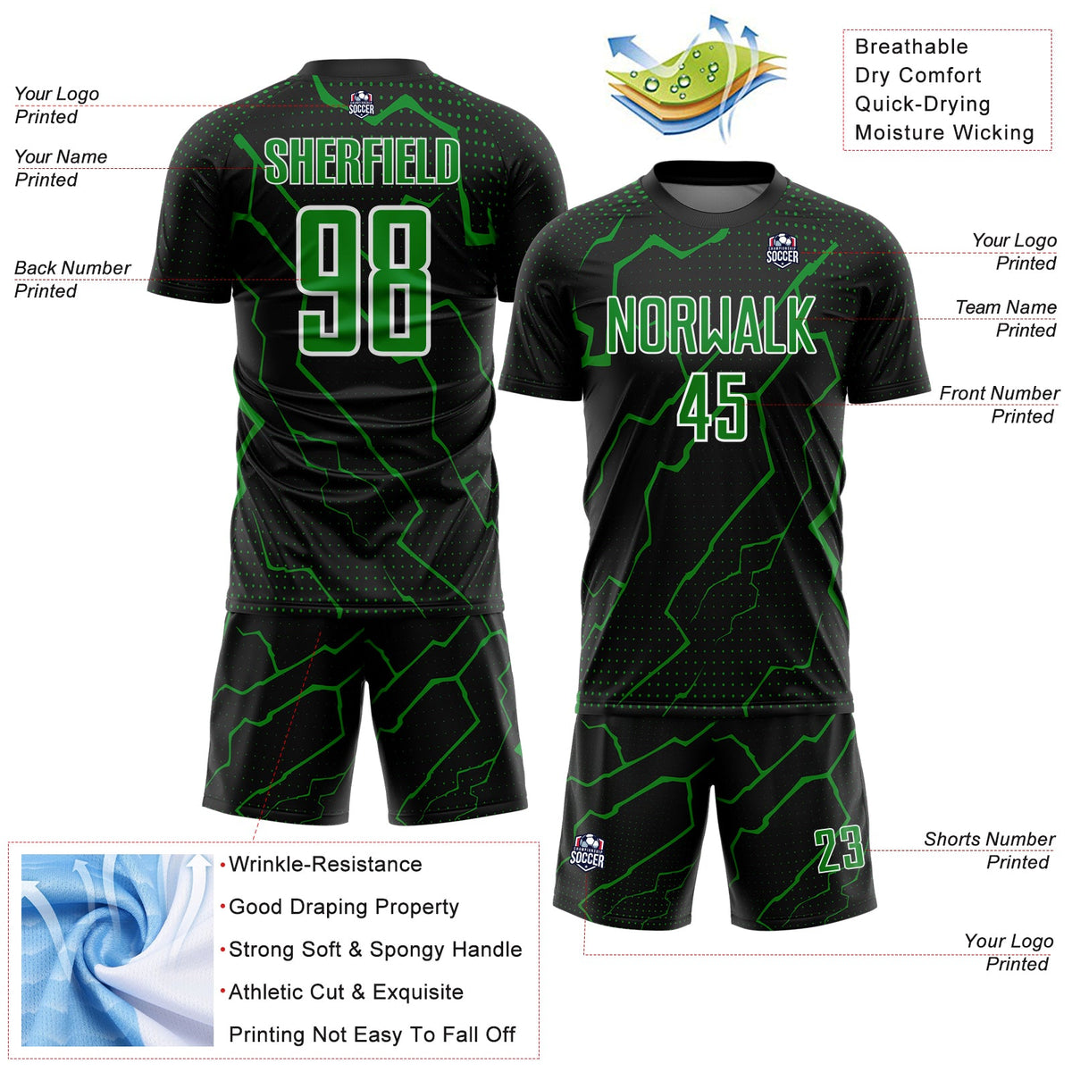 Custom Black Grass Green-White Lightning Sports Sublimation Soccer Uniform Jersey Limited