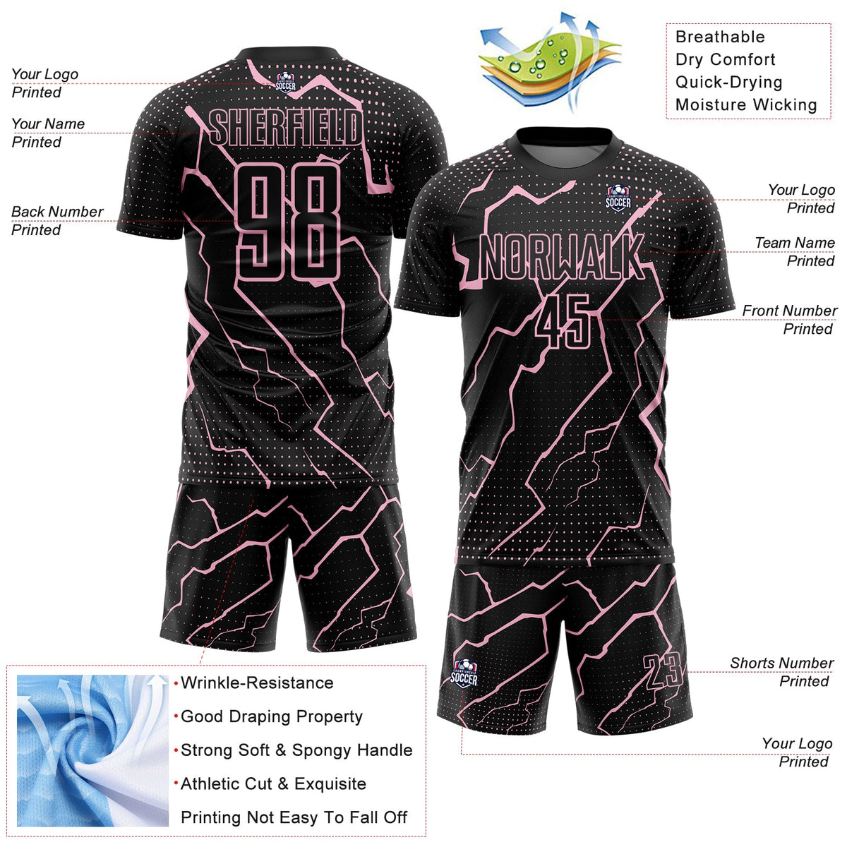 Custom Black Light Pink Lightning Sports Sublimation Soccer Uniform Jersey Limited
