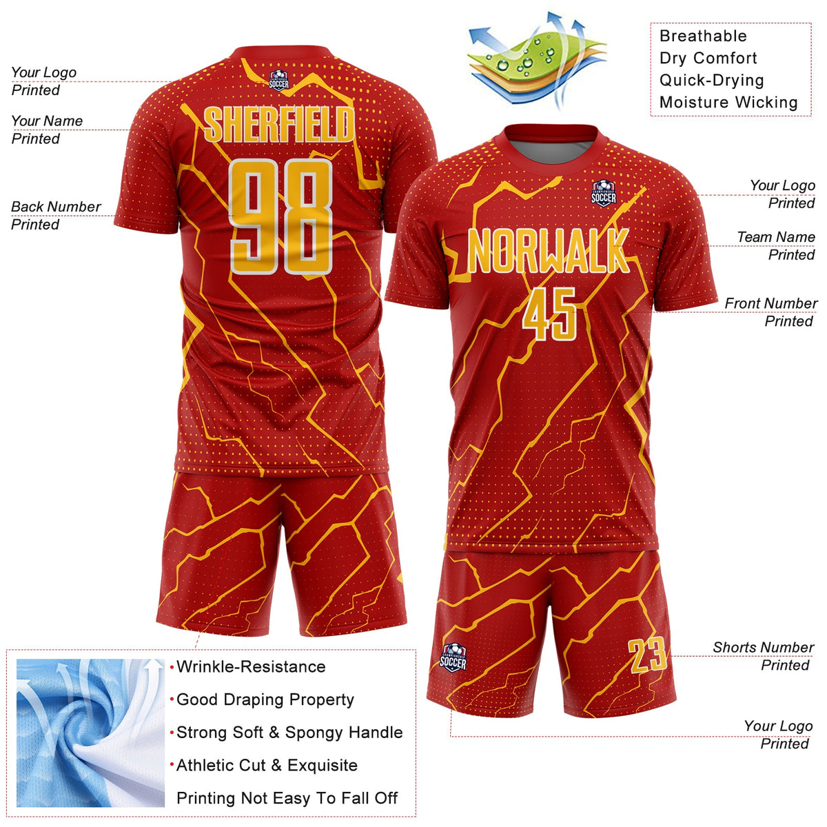 Custom Red Gold-White Lightning Sports Sublimation Soccer Uniform Jersey Limited