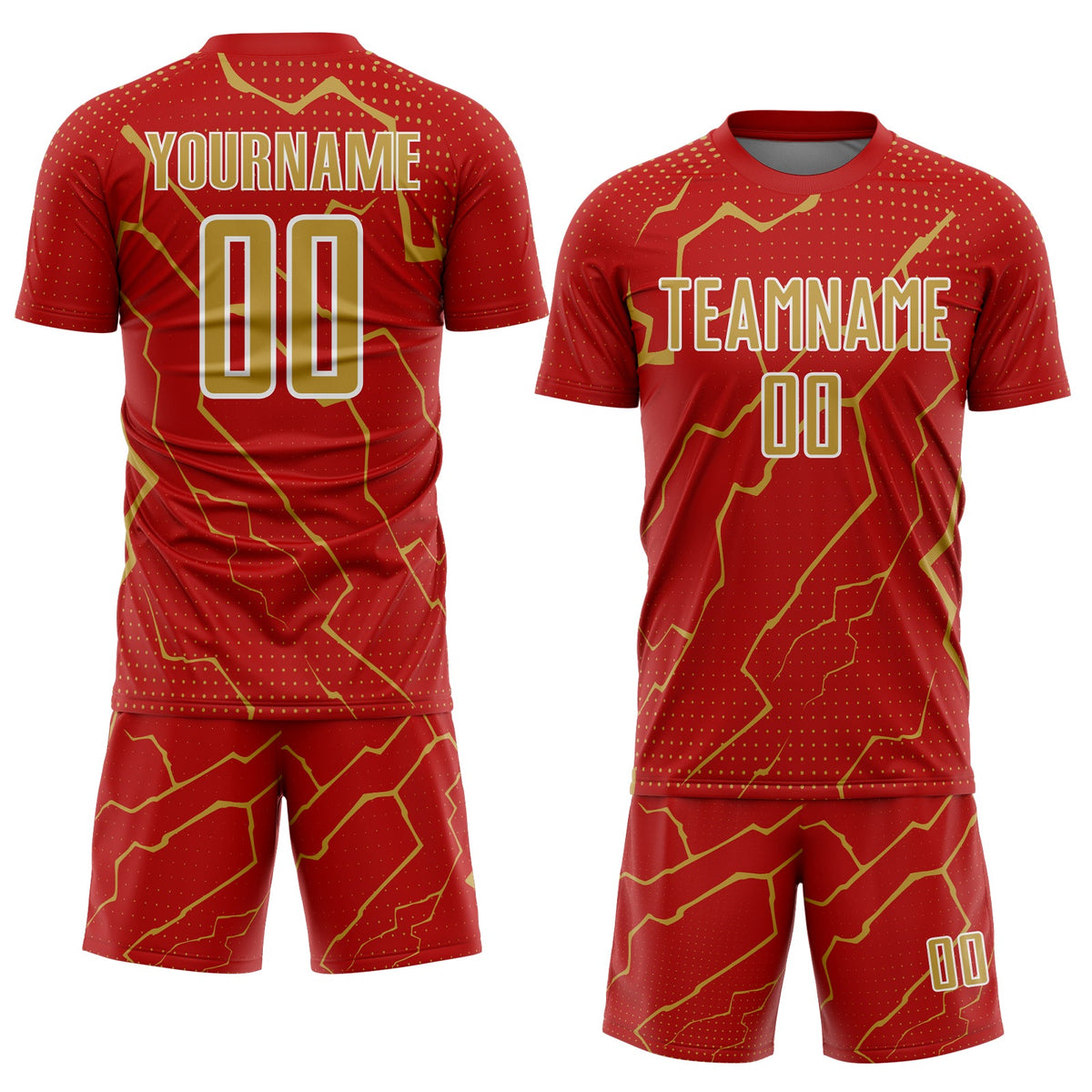 Custom Red Old Gold-White Lightning Sports Sublimation Soccer Uniform Jersey Limited