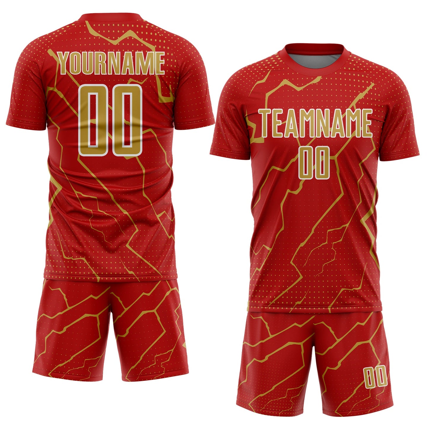 Custom Red Old Gold-White Lightning Sports Sublimation Soccer Uniform Jersey Limited