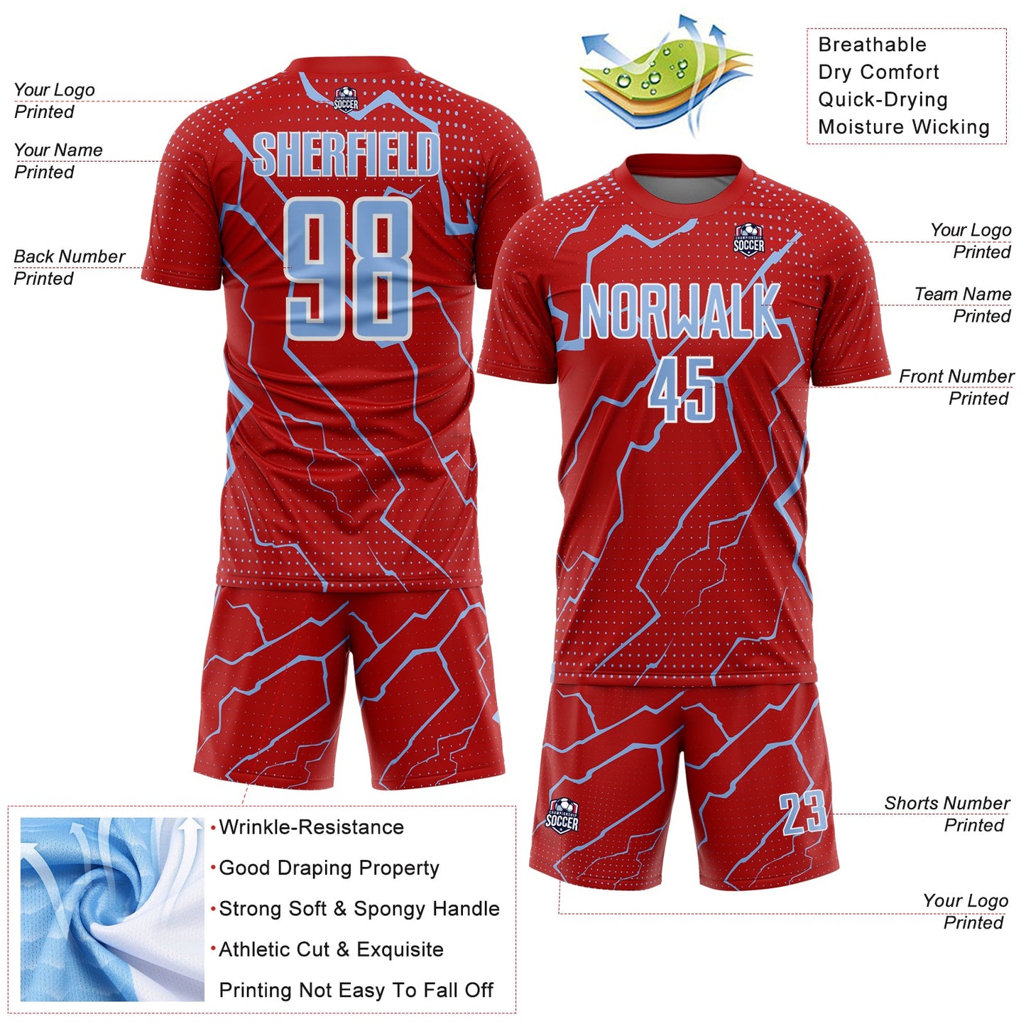 Custom Red Light Blue-White Lightning Sports Sublimation Soccer Uniform Jersey Limited