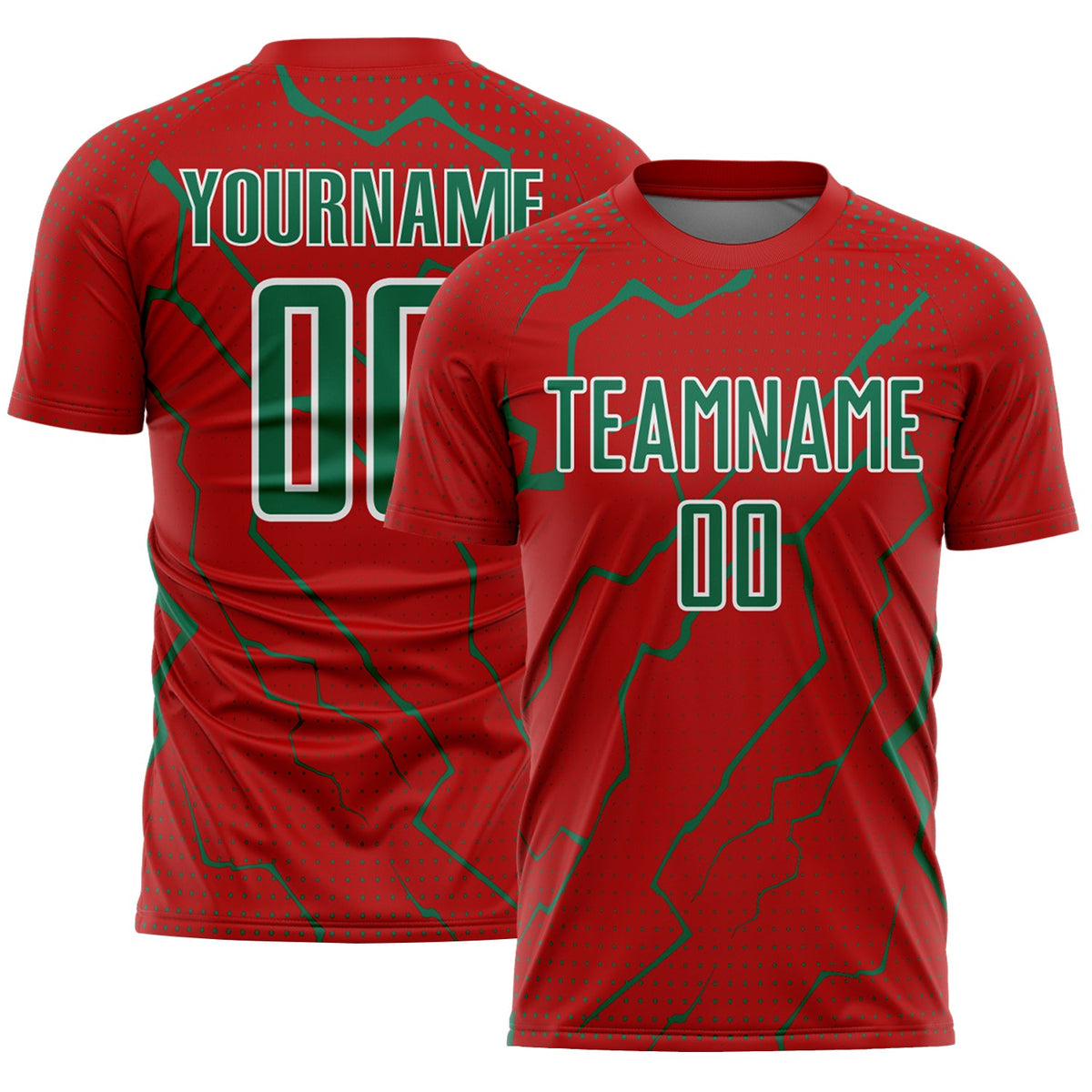 Custom Red Kelly Green-White Lightning Sports Sublimation Soccer Uniform Jersey