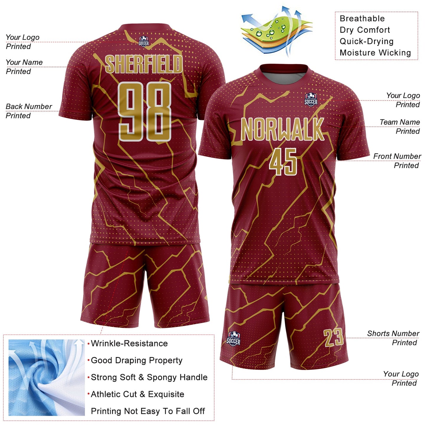 Custom Crimson Old Gold-White Lightning Sports Sublimation Soccer Uniform Jersey Limited
