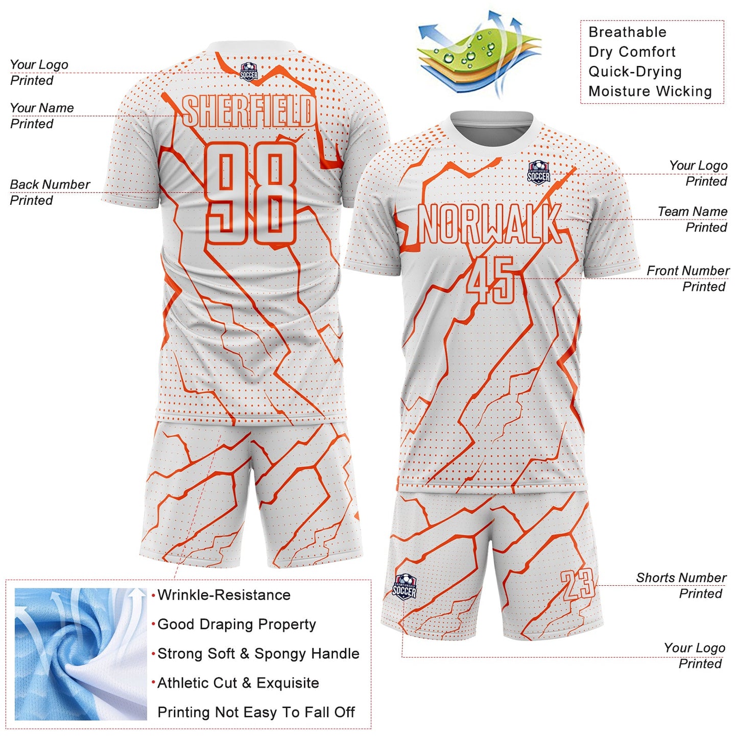 Custom White Orange Lightning Sports Sublimation Soccer Uniform Jersey Limited