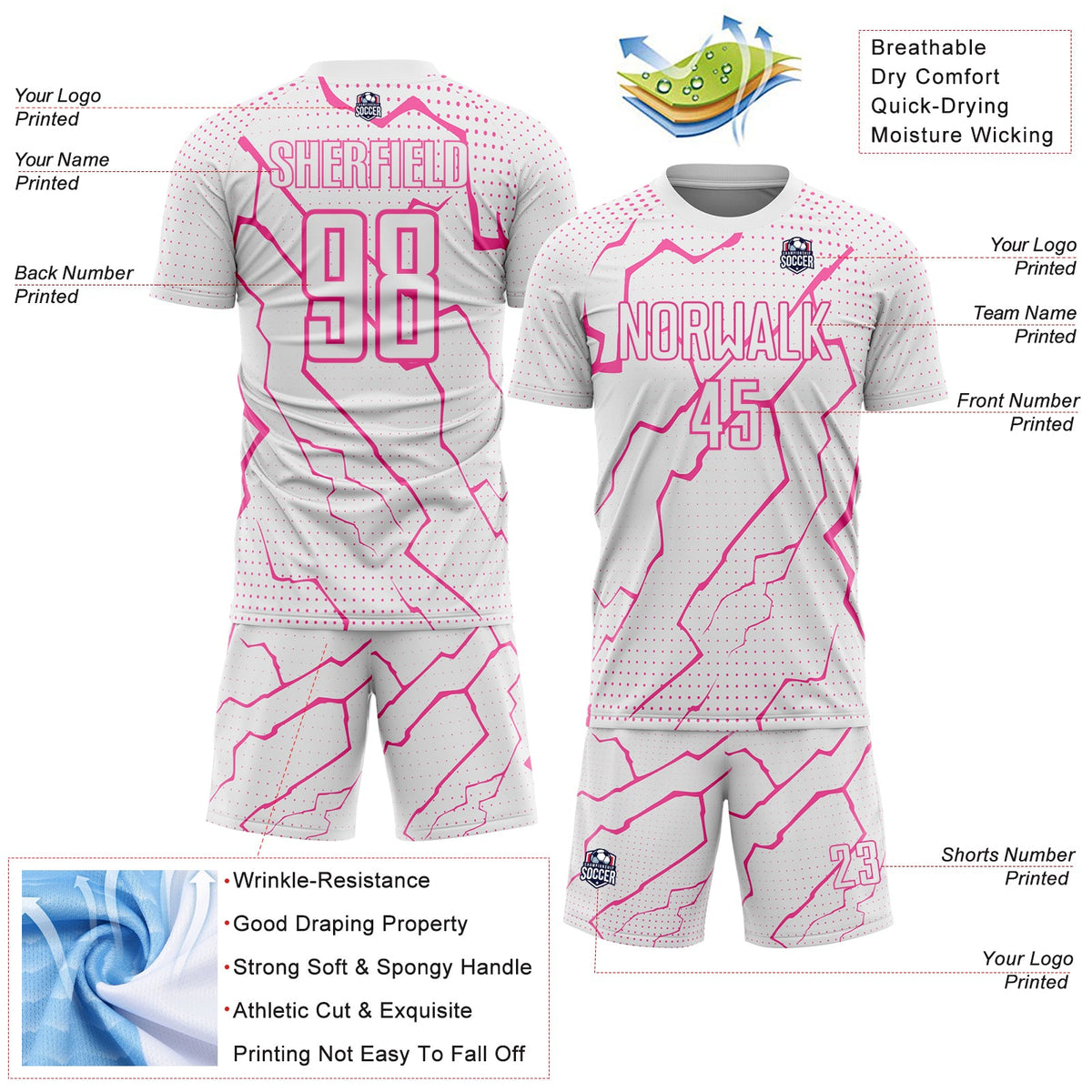 Custom White Pink Lightning Sports Sublimation Soccer Uniform Jersey Limited